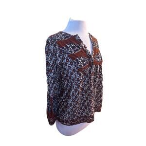 Women M Lucky Brand Annabelle Mixed Print Floral Top Blouse Shirt Popover